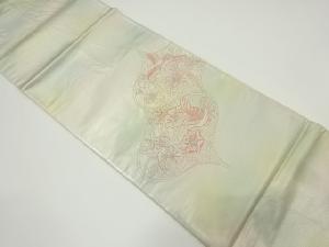 アンティーク　相良刺繍鶴に鳳凰・草花模様暈し袋帯（材料）